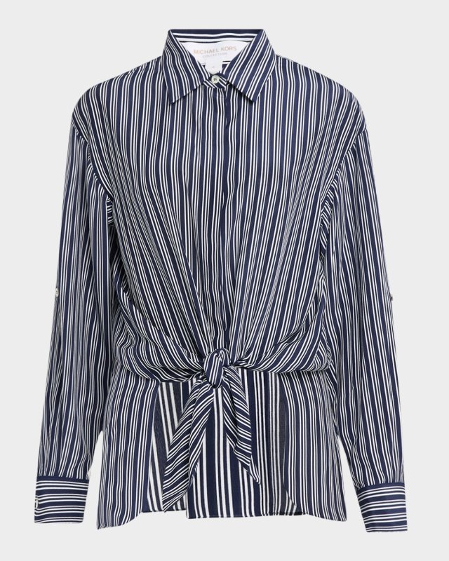 Tie-Front Capri Striped Cree De Chine Shirt
